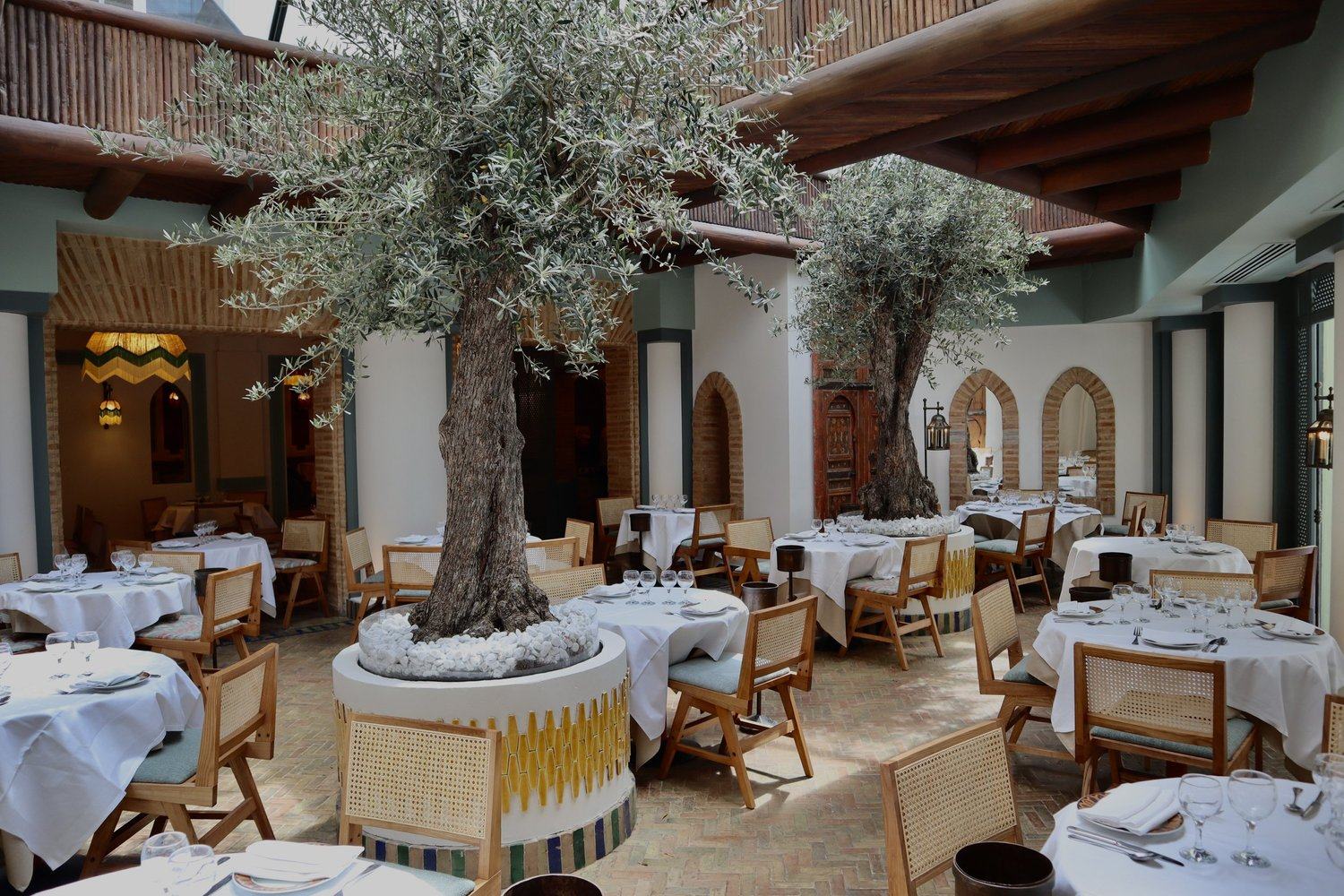 Two large olive trees and brick arches